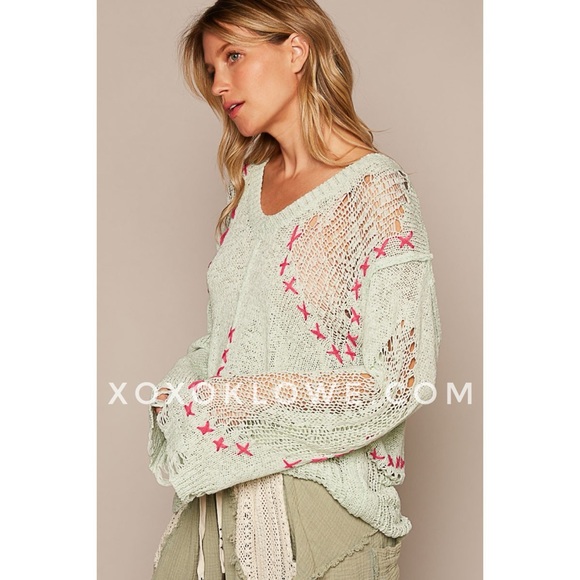 POL Lime Green Hot Pink Cross Stitch V Neck Loose Knit Thin Sweater Relaxed Fit - Picture 4 of 9